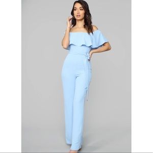 Light blue jumpsuit off the shoulder